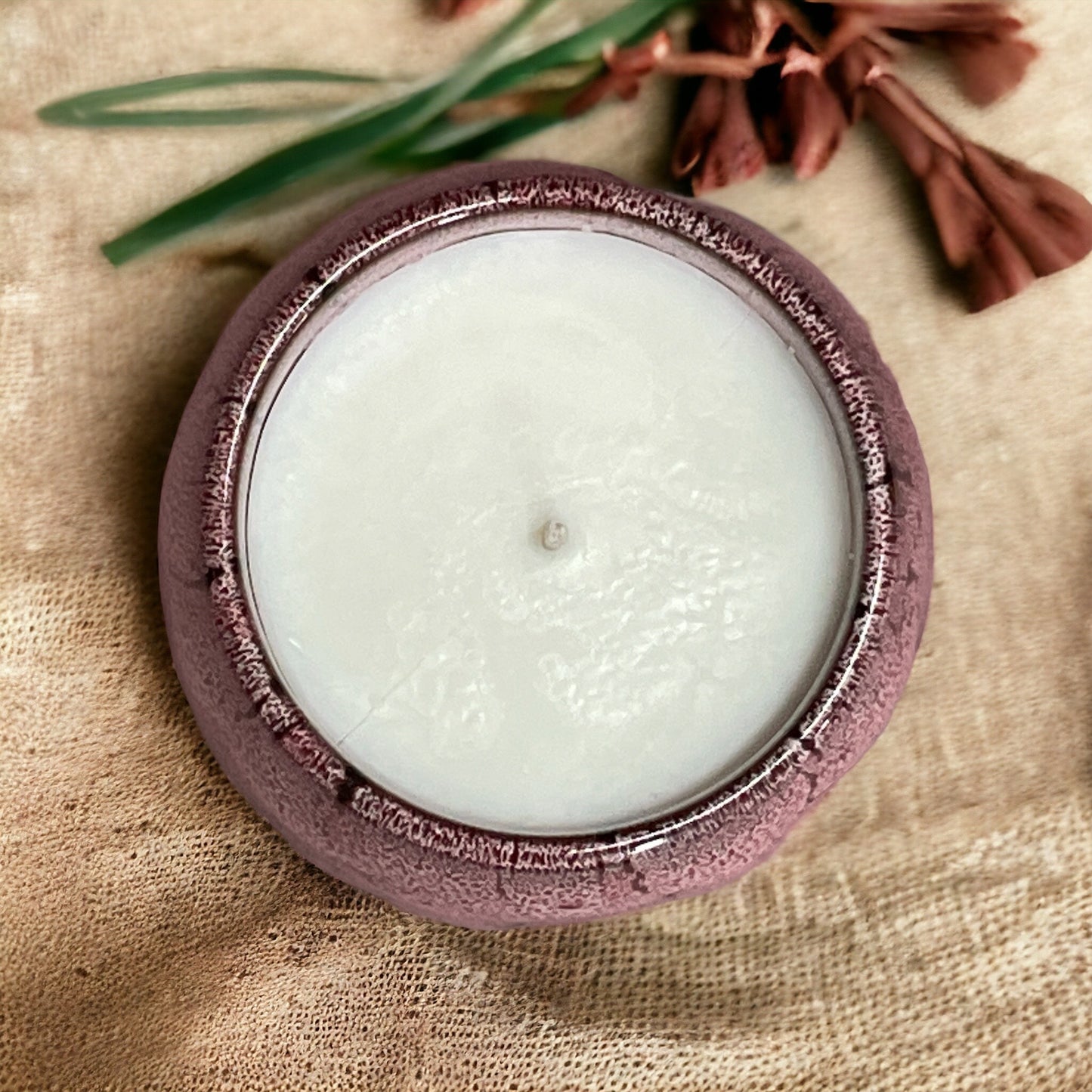 Top view of the Relax & Renew lavender aromatherapy coffee cup candle showing natural coconut and rapeseed wax.