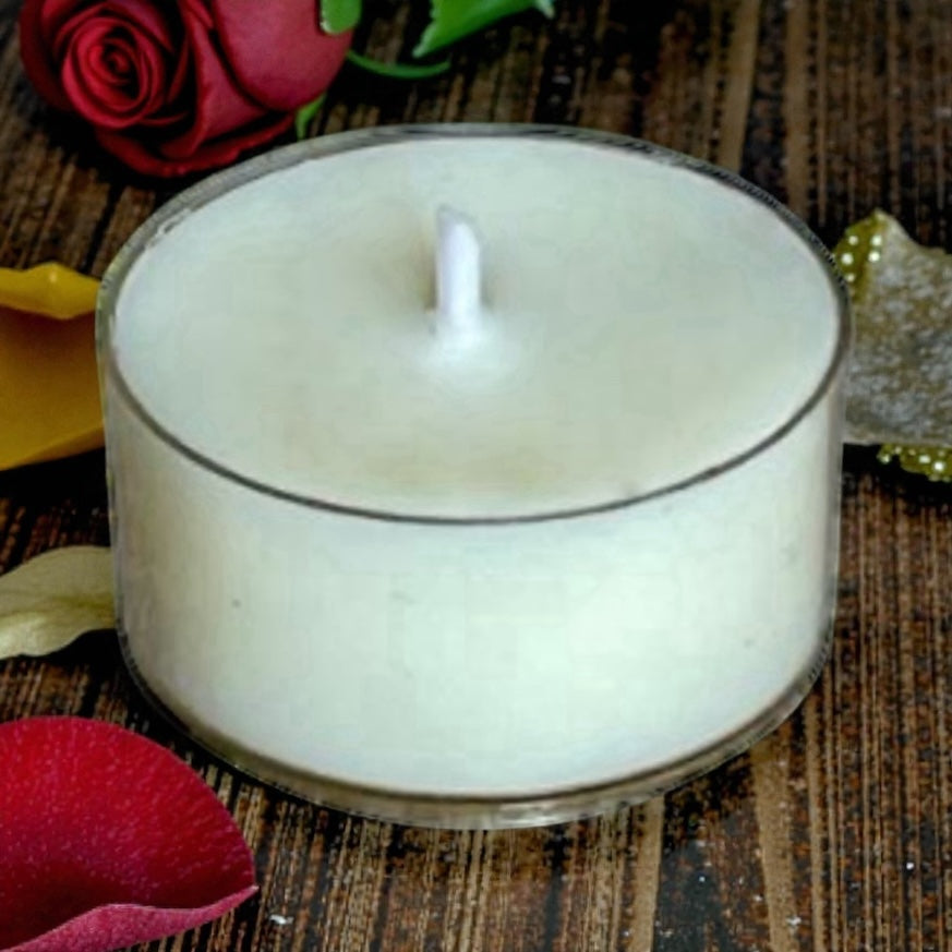 Close-up of Rose Bouquet aromatherapy tea light made with rose geranium essential oil