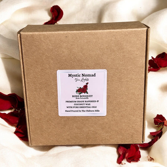 Rose Bouquet aromatherapy tea lights box made with rose geranium essential oil by Mystic Nomad