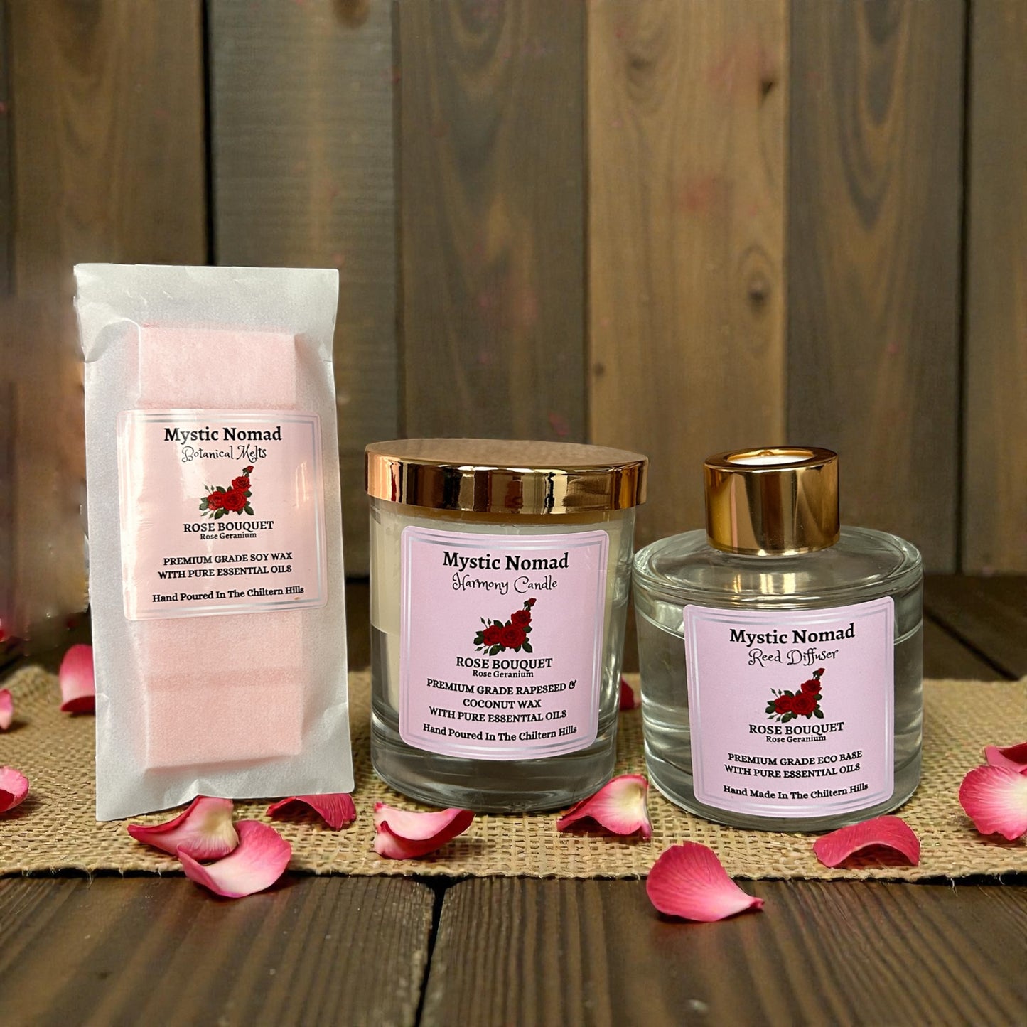 Full Rose Bouquet aromatherapy collection including candle, diffuser, and wax melt, hand-poured and eco-friendly for relaxation and mindfulness.