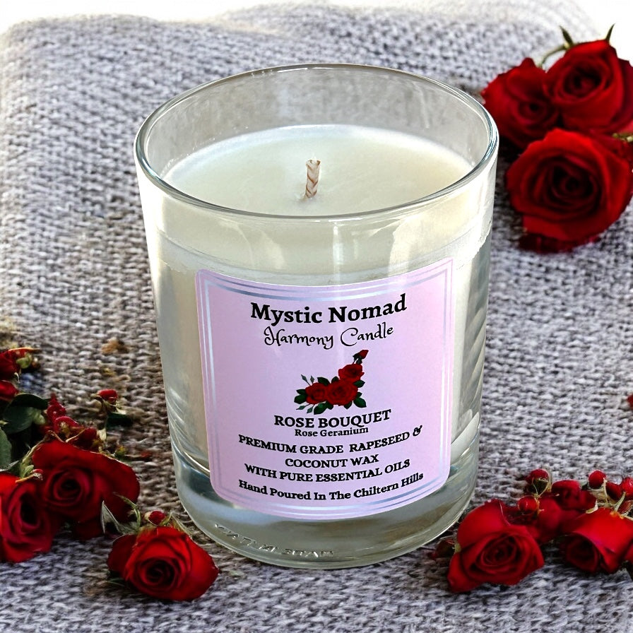 Rose Bouquet aromatherapy candle without lid, showing smooth coconut and rapeseed wax and unlit cotton wick.