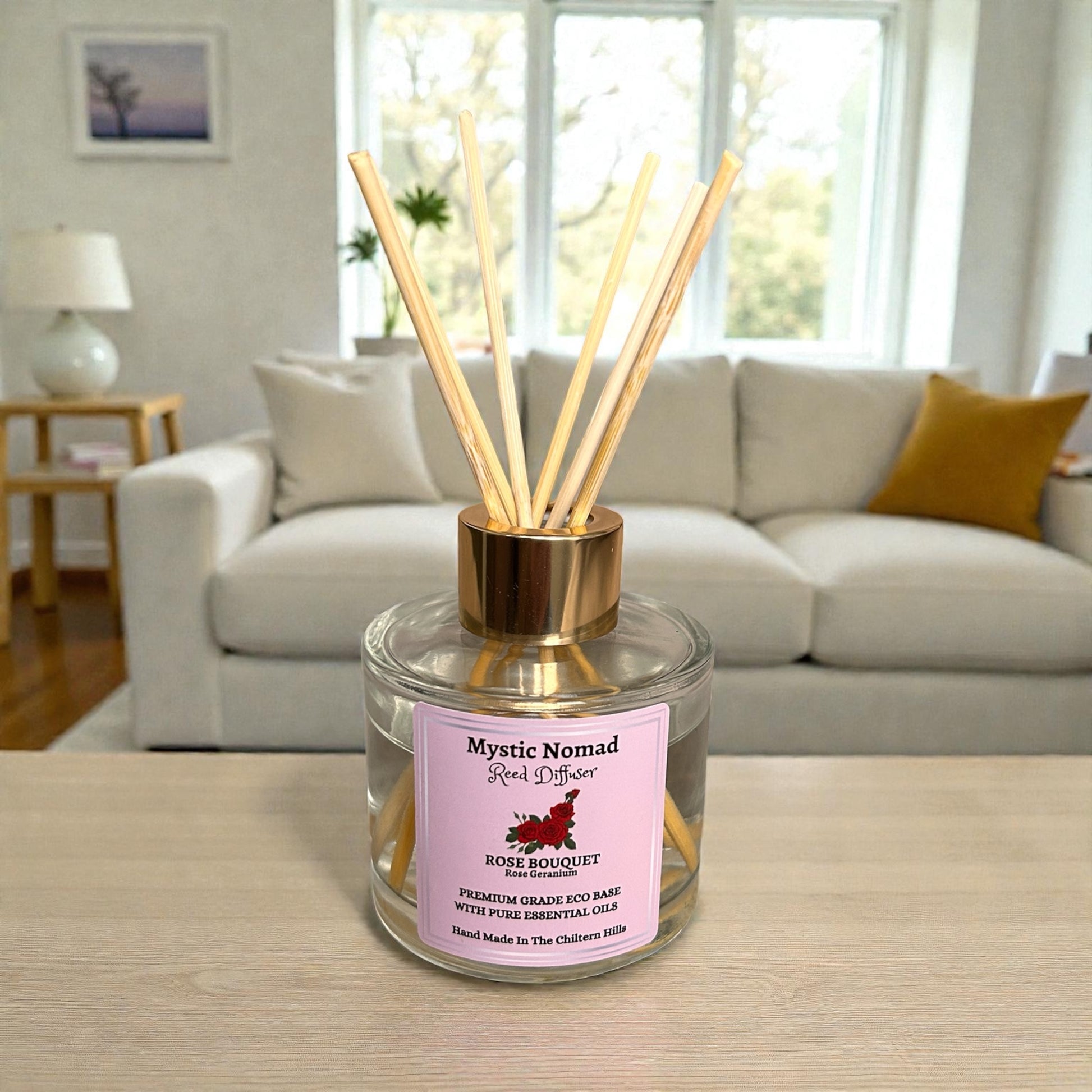Rose Bouquet reed diffuser styled in a cosy home setting, creating a romantic and calming floral atmosphere for mindfulness and emotional well-being.