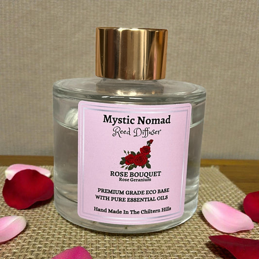 Rose Bouquet reed diffuser with roses, styled on a clean background, luxury aromatherapy home fragrance for relaxation and mindfulness.