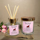 Rose Bouquet reed diffuser displayed beside the matching aromatherapy candle, creating a luxury relaxation and mindfulness gift set.