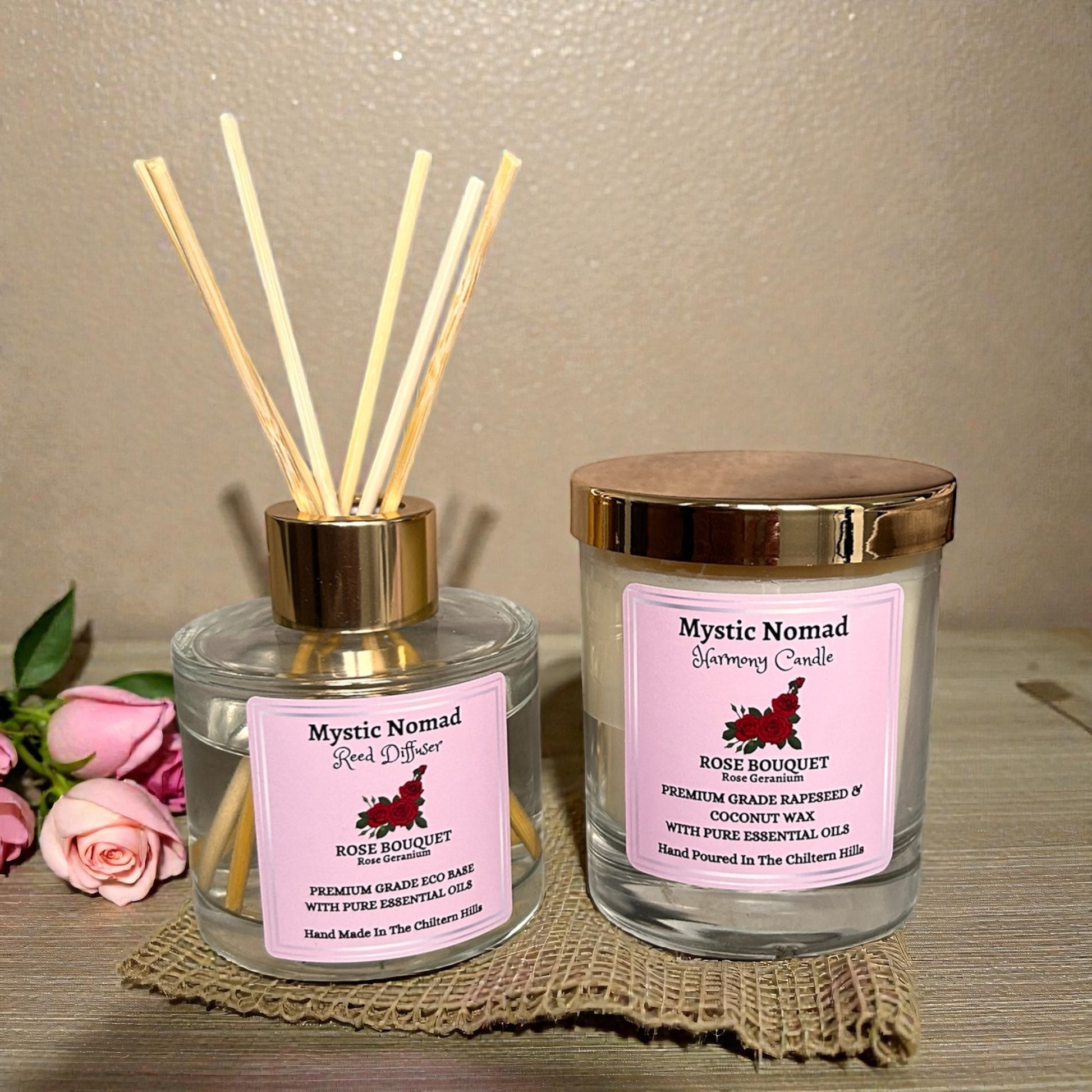 Rose Bouquet reed diffuser displayed beside the matching aromatherapy candle, creating a luxury relaxation and mindfulness gift set.