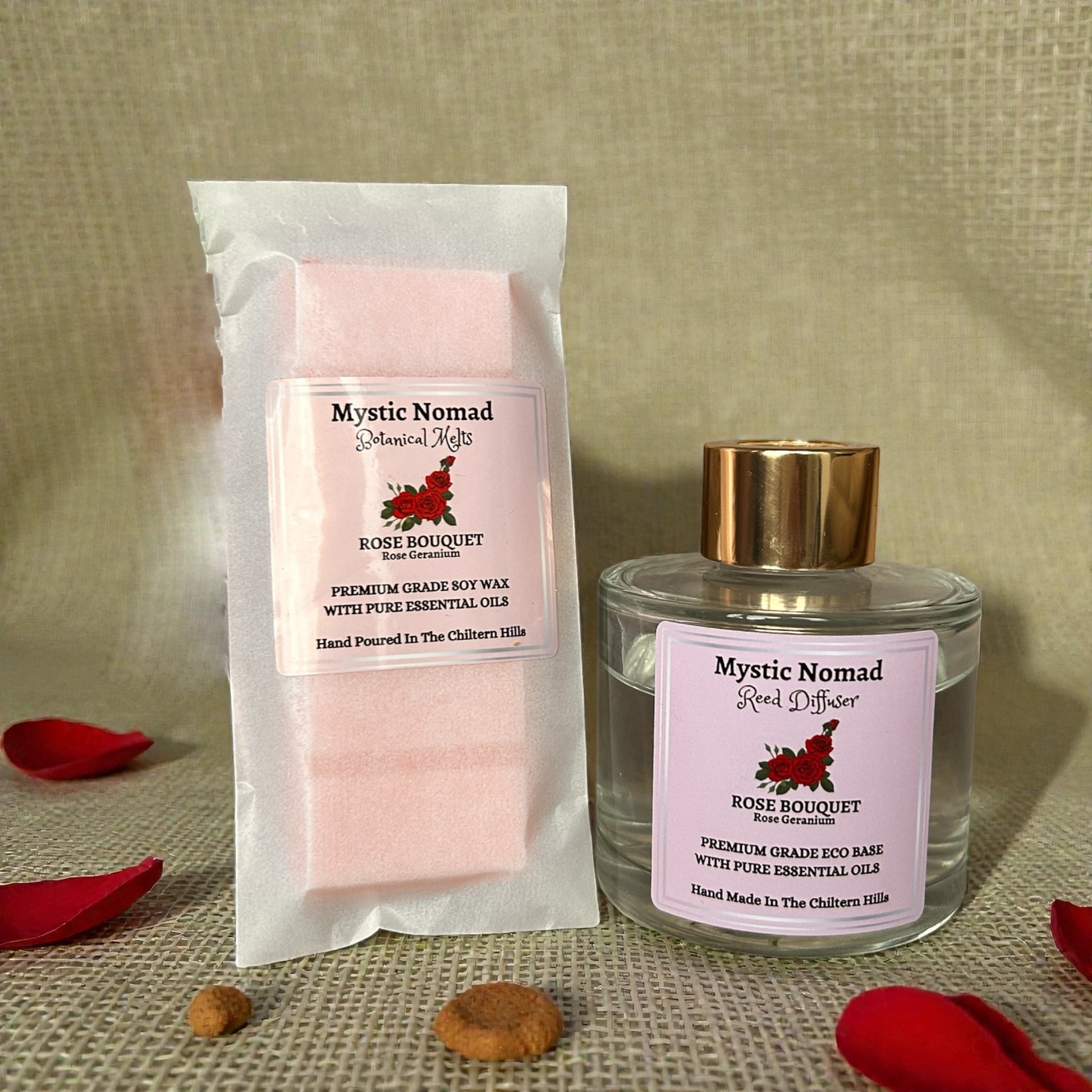Rose Bouquet reed diffuser with matching wax melt, offering a romantic floral aromatherapy blend for relaxation and stress relief.