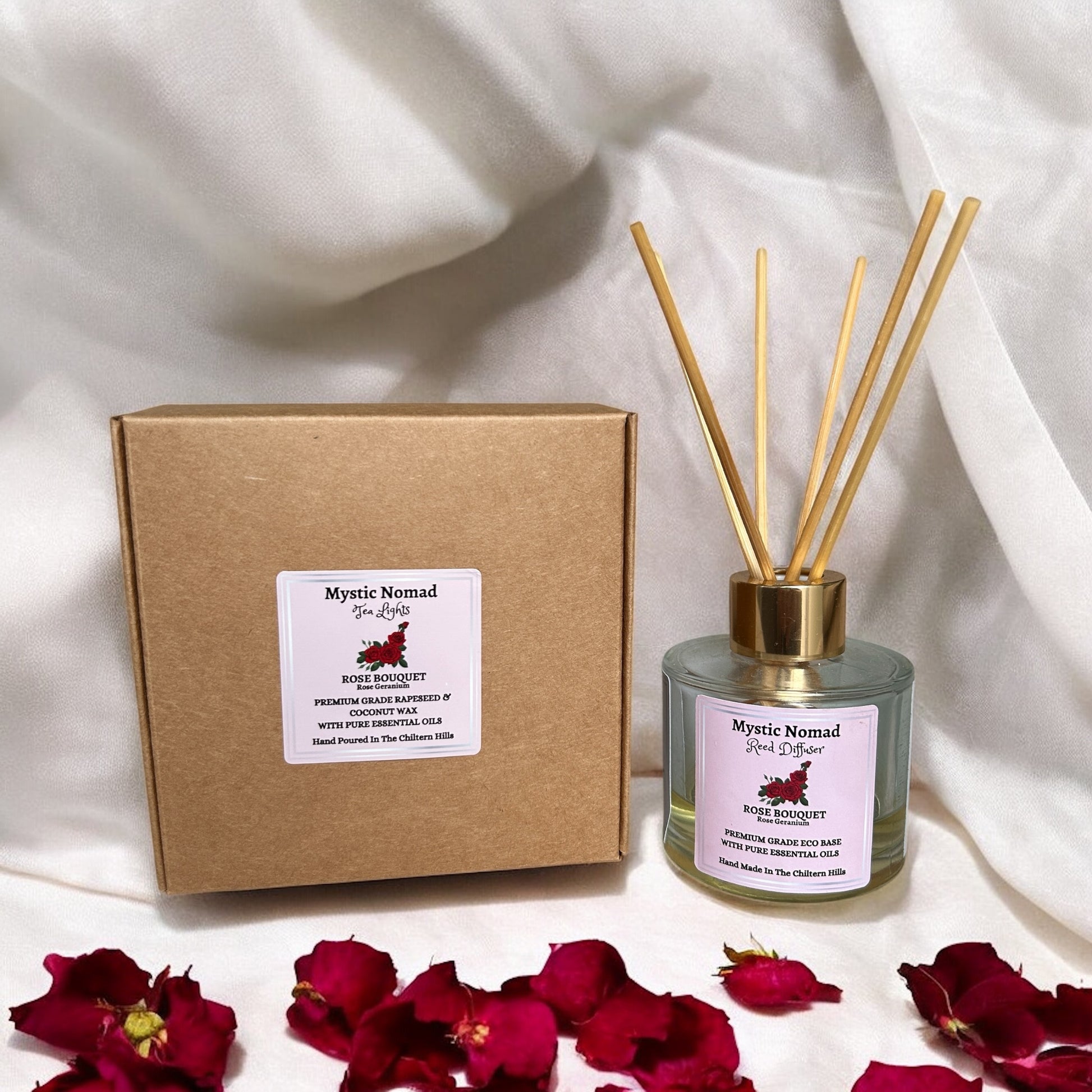Rose Bouquet aromatherapy tea lights displayed with matching floral essential oil  reed diffuser