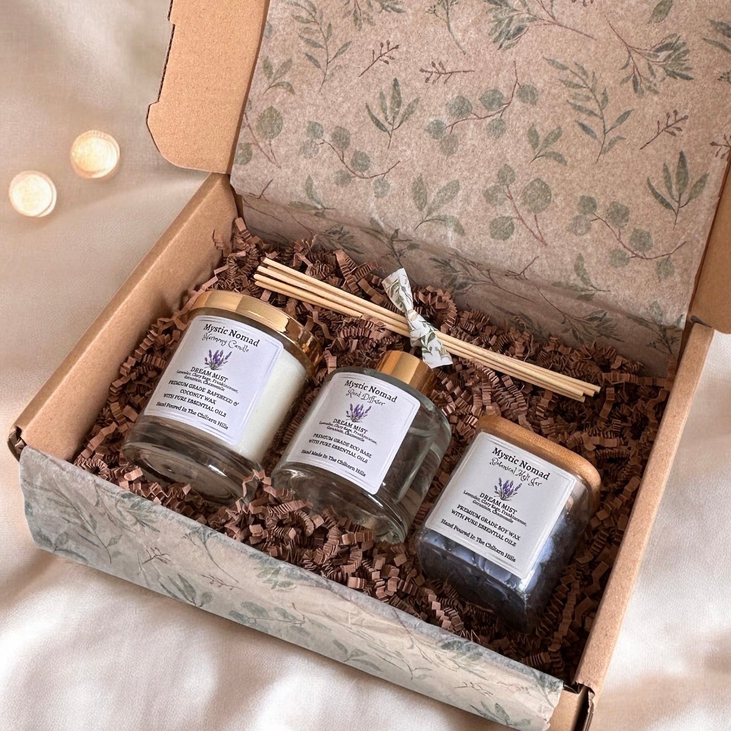 “Aromatherapy subscription box with seasonal candle and natural self-care products from Mystic Nomad
