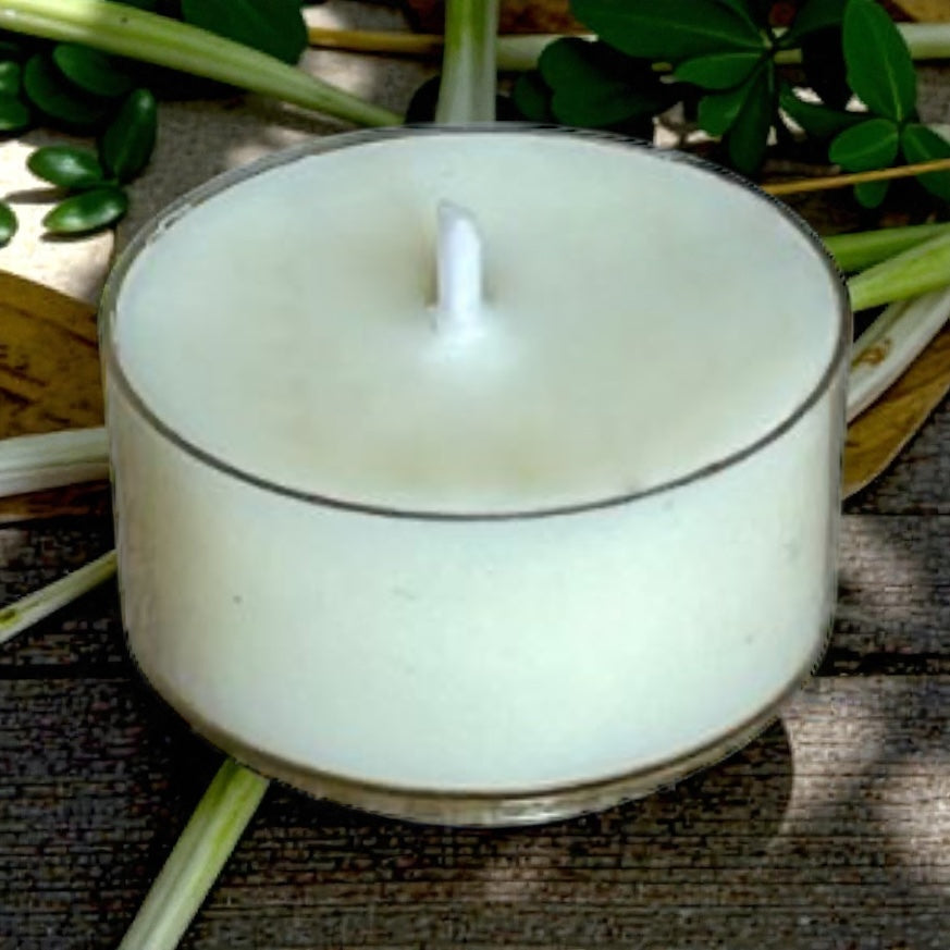 Close-up of Summer Breeze aromatherapy tea light made with essential oils by Mystic Nomad Aromatherapy