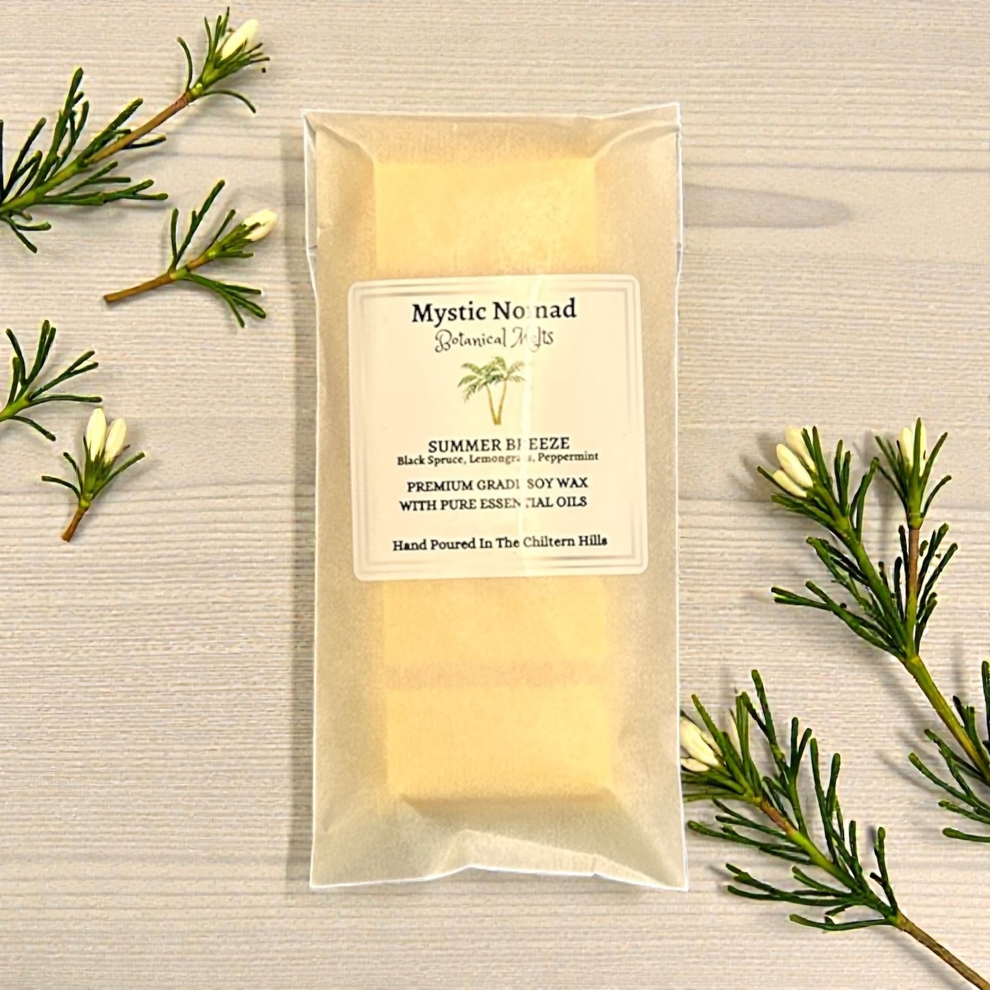 Summer Breeze aromatherapy wax melt snap bar with uplifting citrus and floral essential oils, hand-poured by Mystic Nomad