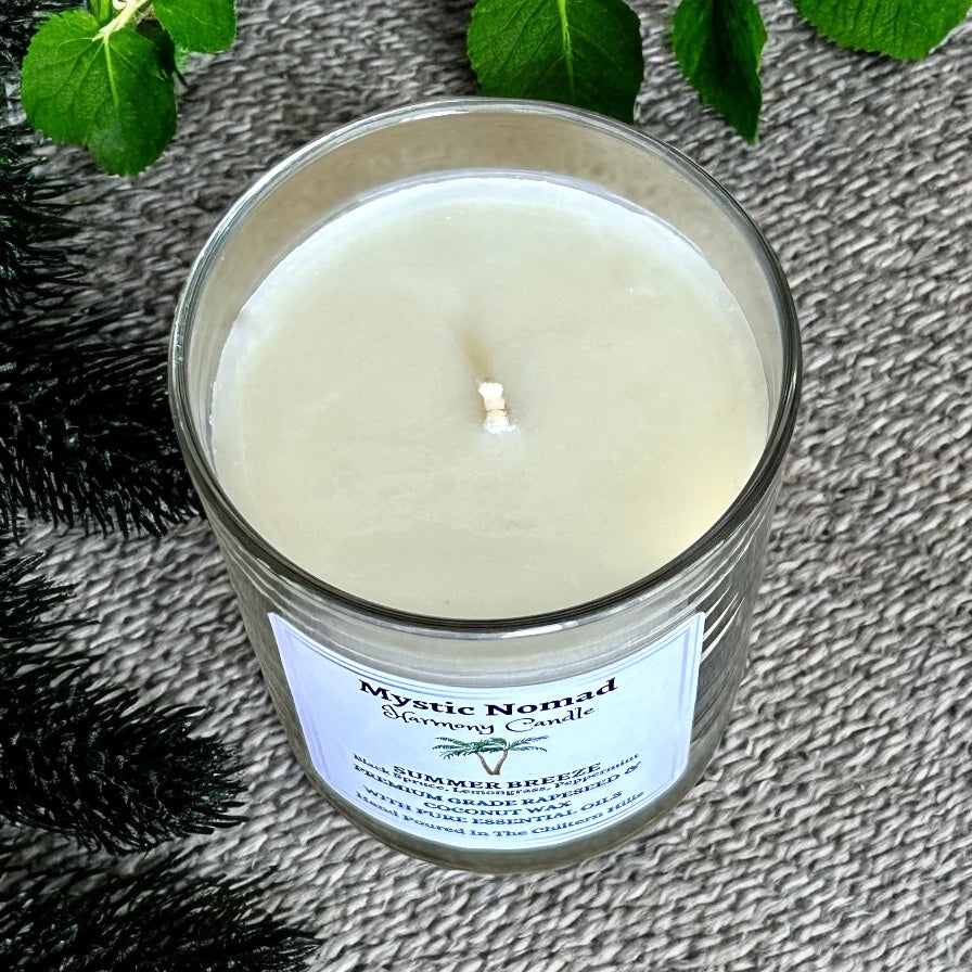 Elevated view of Summer Breeze aromatherapy candle in Italian glass jar, highlighting hand-poured eco-luxe design.