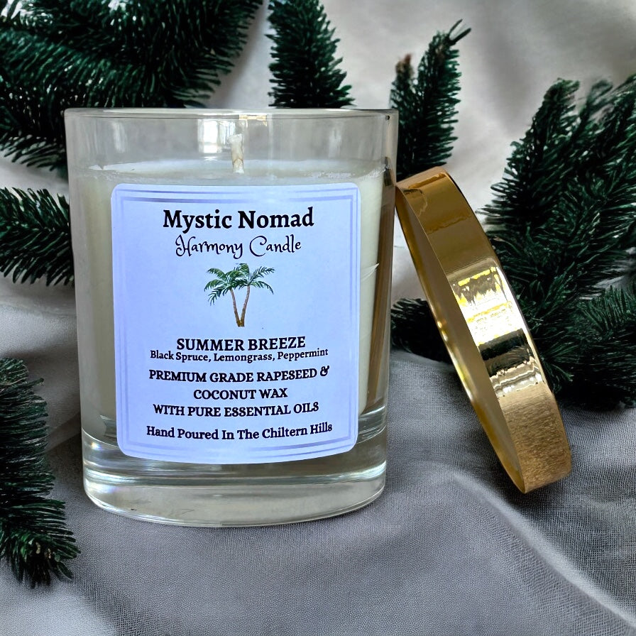 Summer Breeze candle with gold lid resting at the side, eco-friendly aromatherapy candle for refreshing and uplifting space.