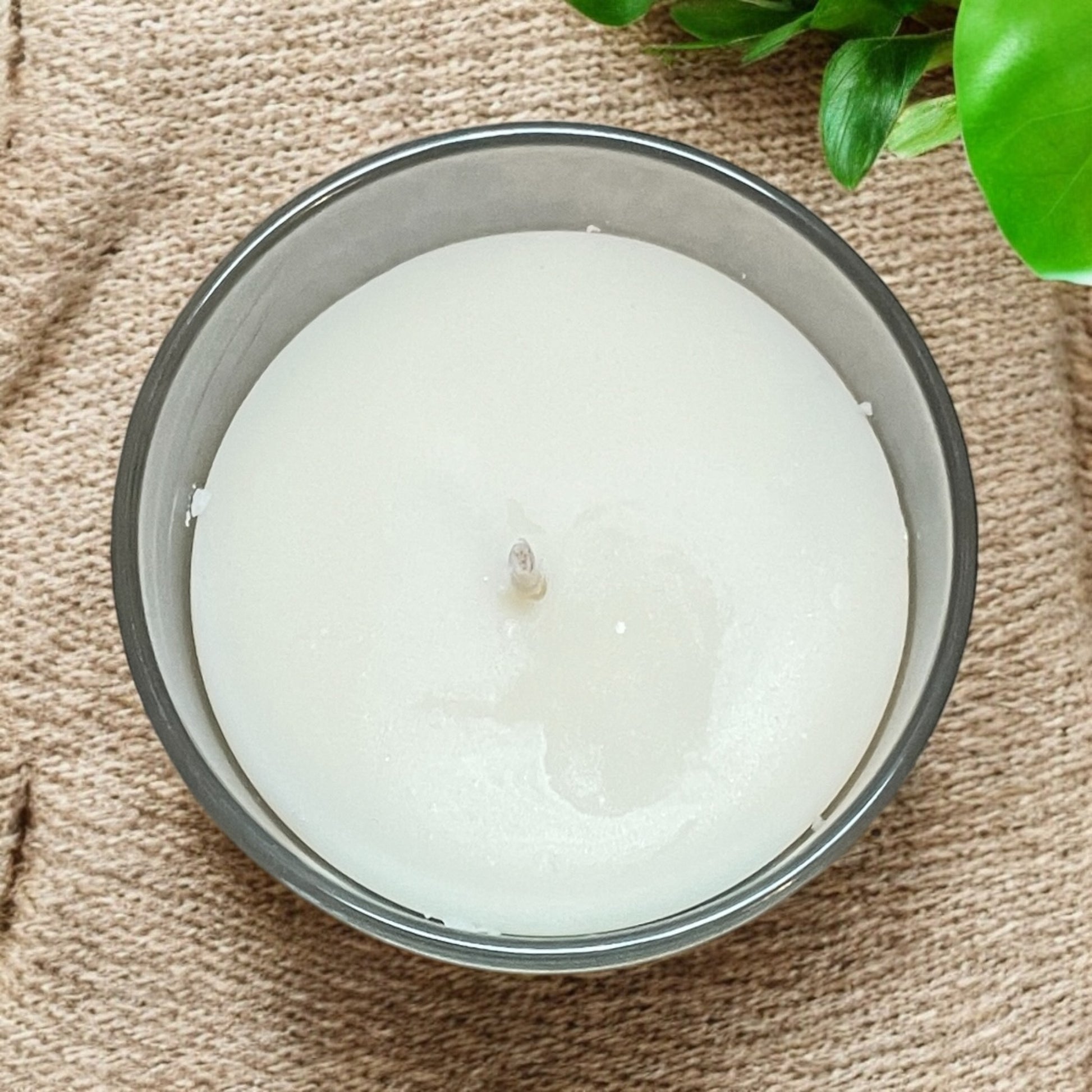 Top view of Summer Breeze aromatherapy candle showing natural coconut & rapeseed wax and unlit cotton wick.