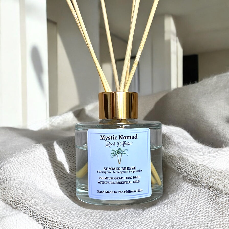 Close-up of Summer Breeze reed diffuser with reeds showing natural plant base and uplifting essential oil blend