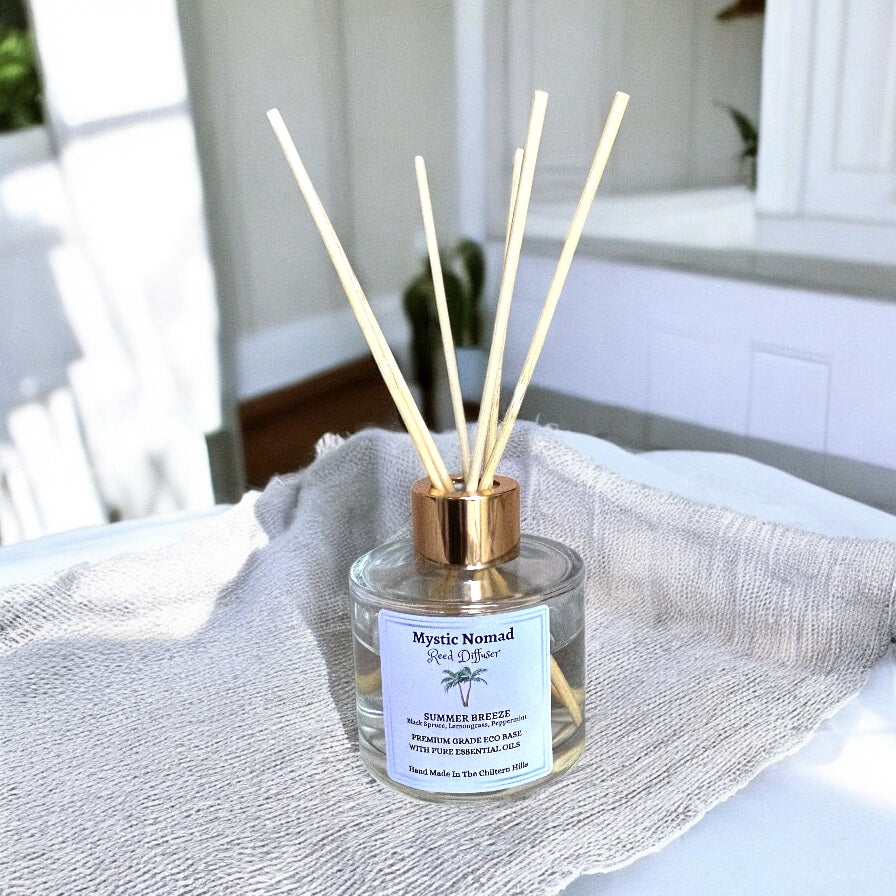 Elevated shot of Summer Breeze aromatherapy diffuser with reeds inserted, fresh summer scent of black spruce lemongrass and peppermint
