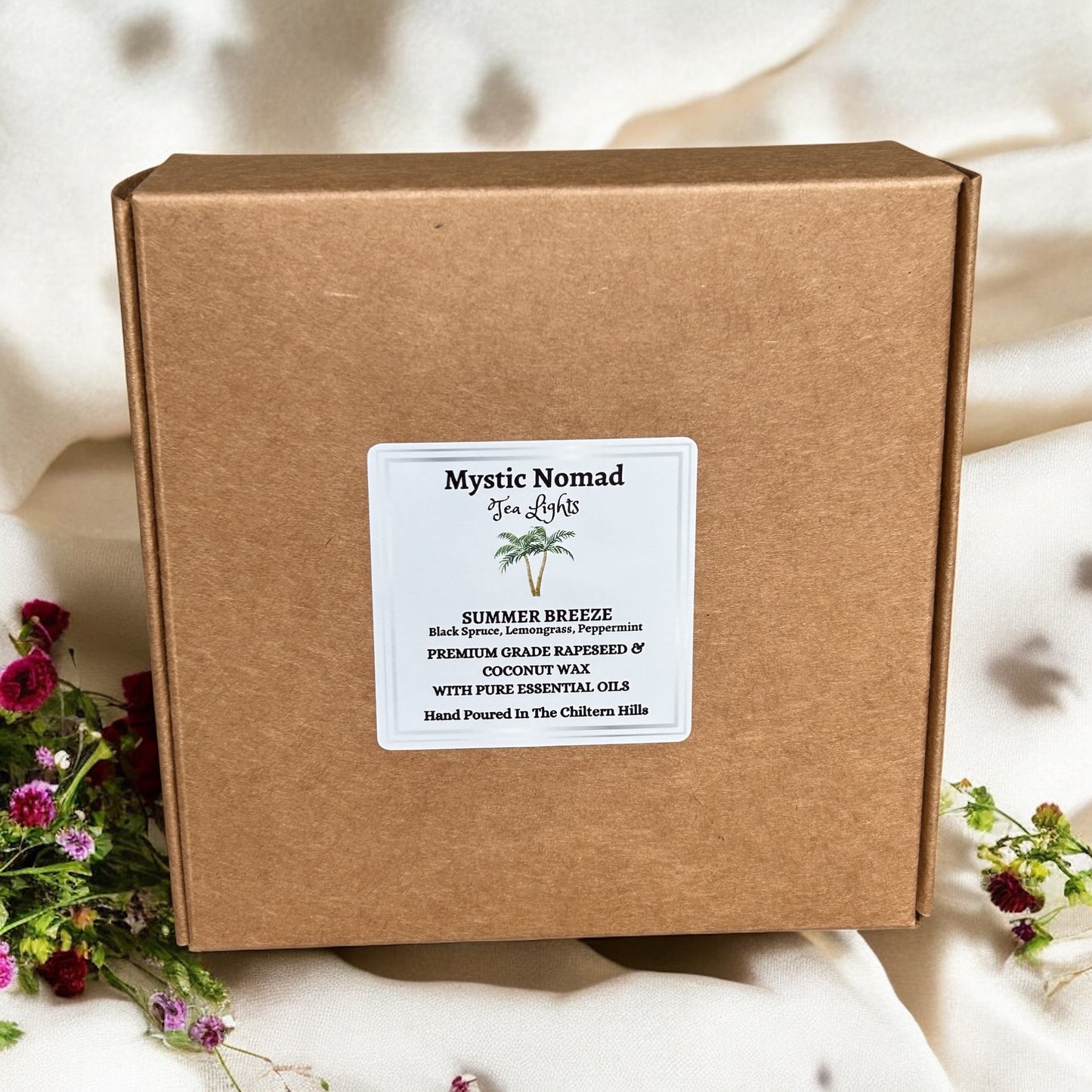 Summer Breeze aromatherapy tea lights by Mystic Nomad in eco-friendly gift box made with essential oils