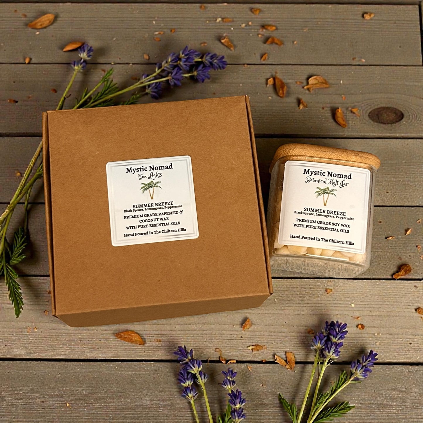 Summer Breeze aromatherapy tea lights with matching botanical wax melts jar by Mystic Nomad