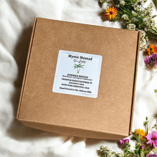 Summer Breeze essential oil aromatherapy tea lights styled with flowers by Mystic Nomad