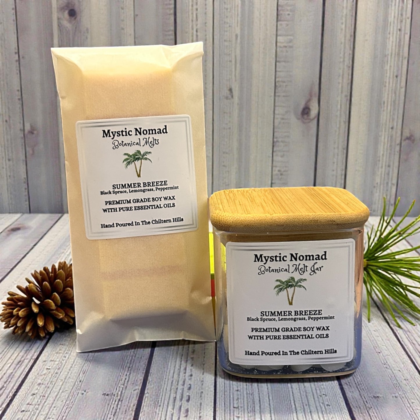 Summer Breeze snap bar displayed beside matching wax melt jar, bright citrus floral scent for a fresh summer home fragrance