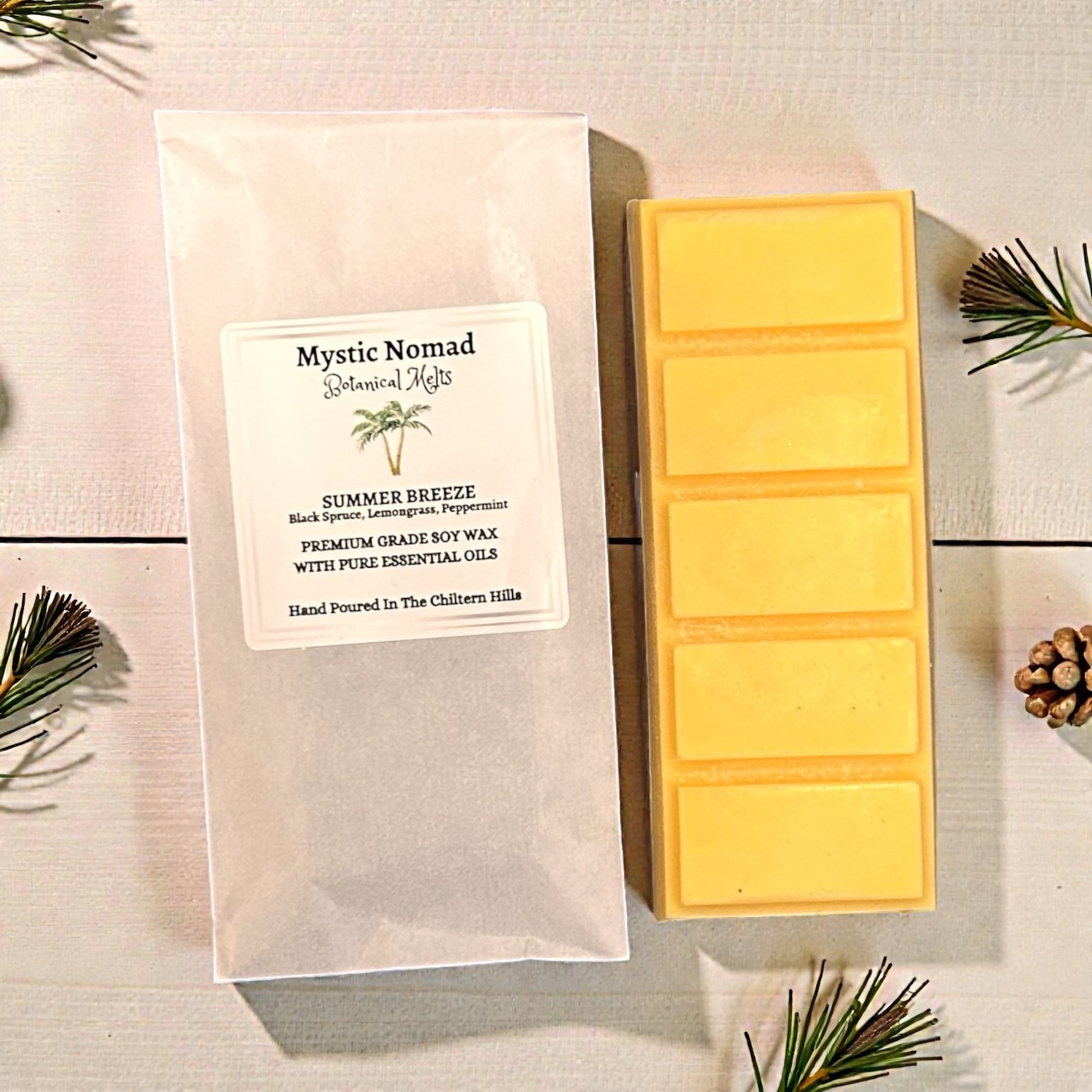 Summer Breeze aromatherapy snap bar next to eco-conscious packaging, hand-poured with essential oils for mindful living