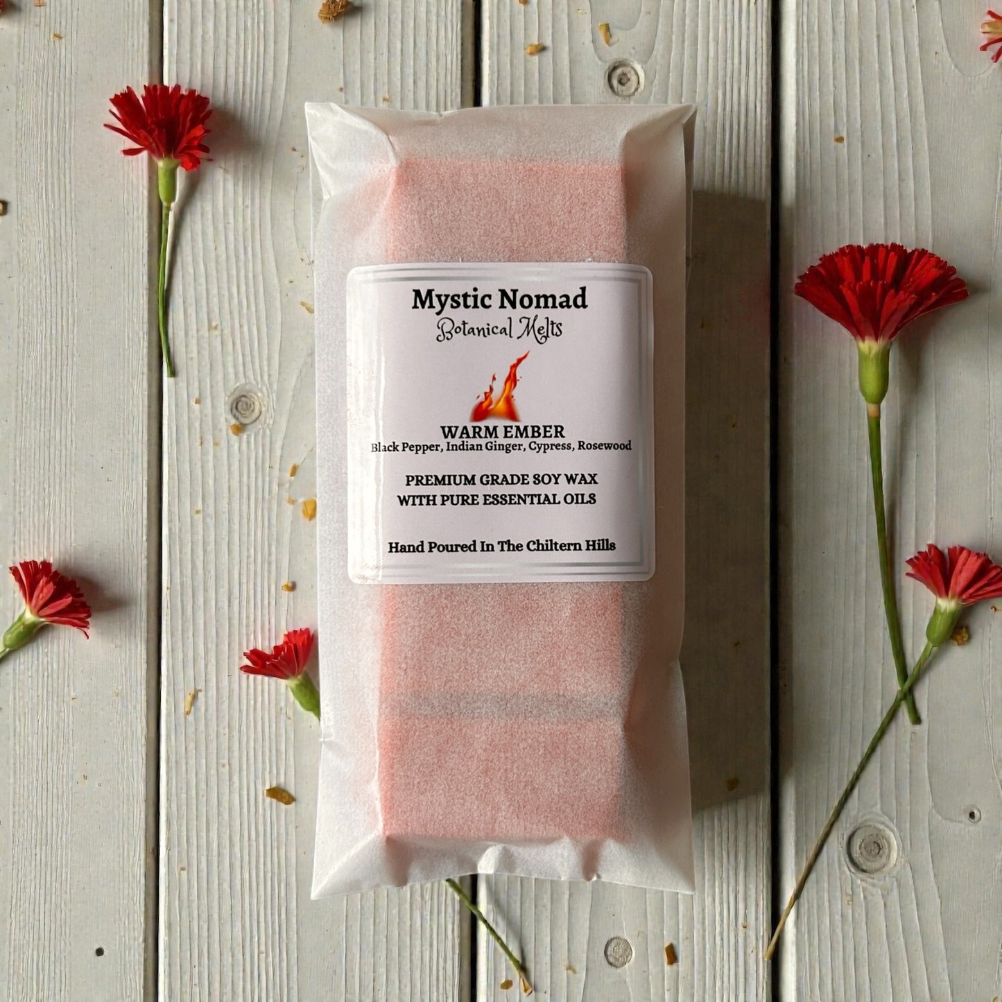 Warm Ember aromatherapy wax melt snap bar by Mystic Nomad, hand-poured soy wax with Black Pepper, Ginger, Cypress, and Rosewood for emotional resilience and mindfulness.