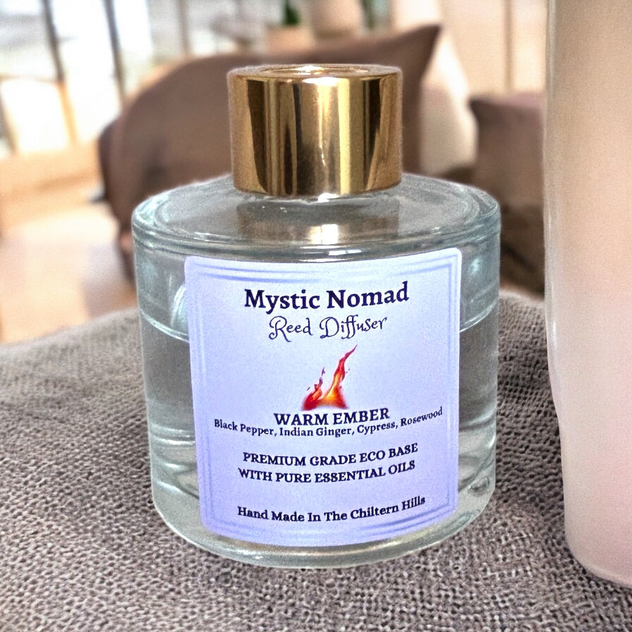 Warm Ember Aromatherapy Reed Diffuser by Mystic Nomad Aromatherapy, hand-poured with Black Pepper, Ginger, Cypress, and Rosewood for relaxation, clarity, and emotional balance