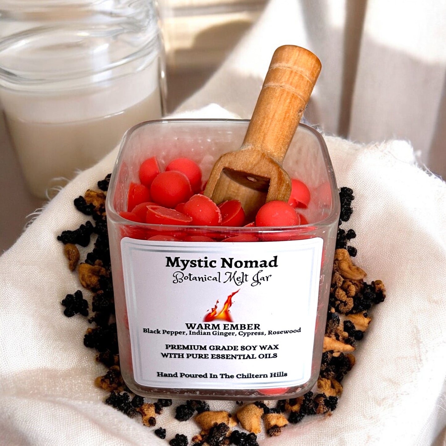 Open Warm Ember Wax Melts Jar with gold lid removed, revealing hand-poured soy wax