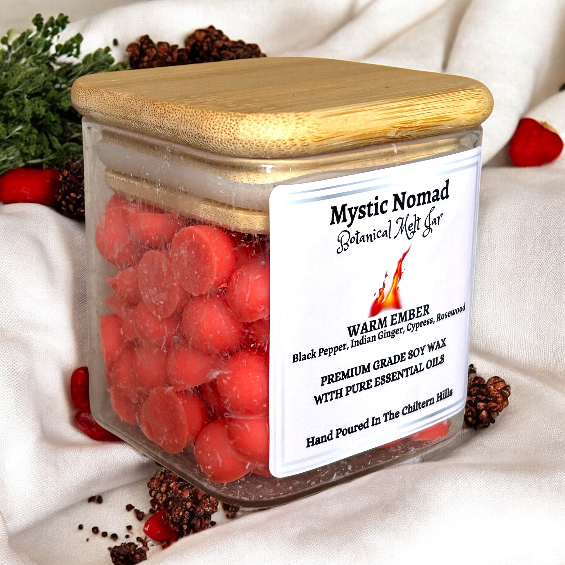 Right view of Warm Ember Botanical Wax Melts Jar, hand-poured soy wax