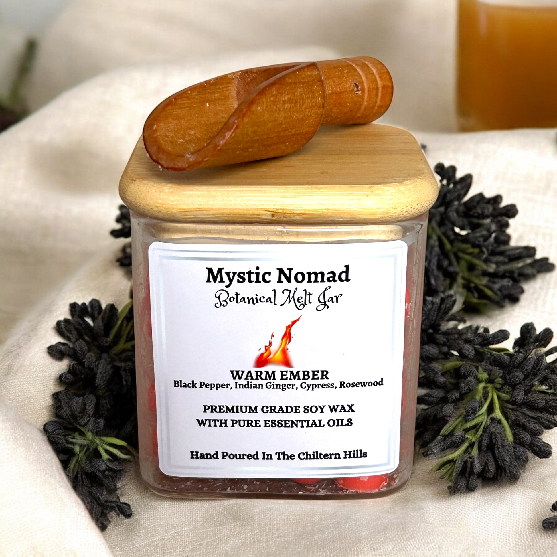 Top view of Warm Ember Botanical Wax Melts Jar, showcasing eco-luxe presentation