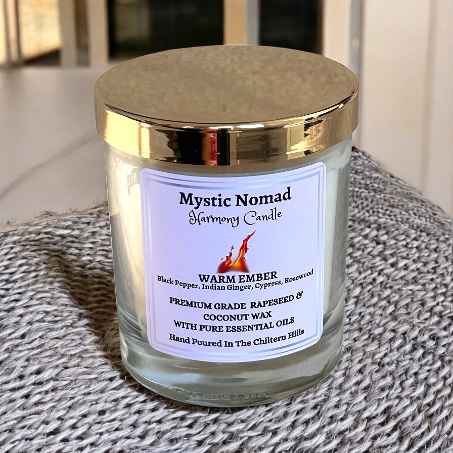 Warm Ember candle in luxury Italian glass jar with lid