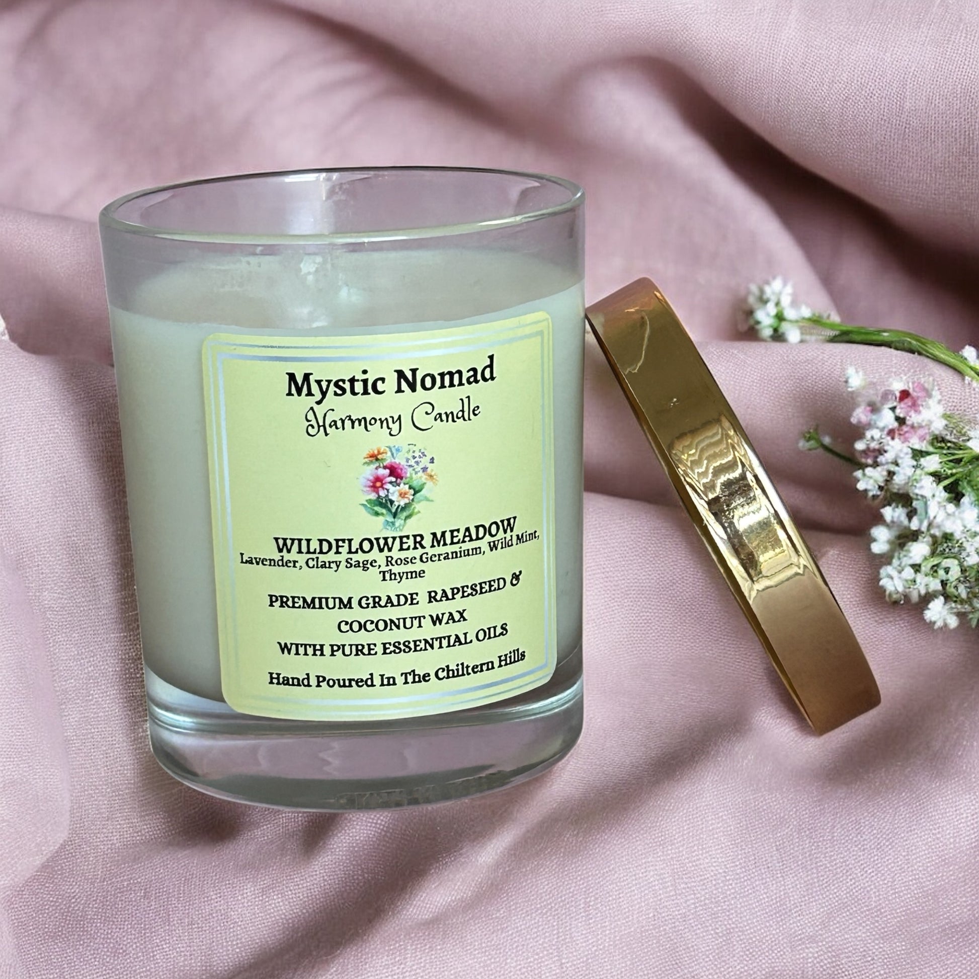 Wildflower Meadow candle in luxury Italian glass jar without lid, showcasing natural coconut and rapeseed wax with botanical essential oils.