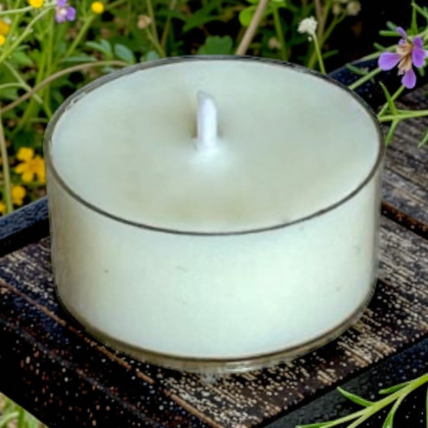 Close-up of a Wildflower Meadow aromatherapy tea light, highlighting the eco-friendly, scented wax and serene floral aroma.