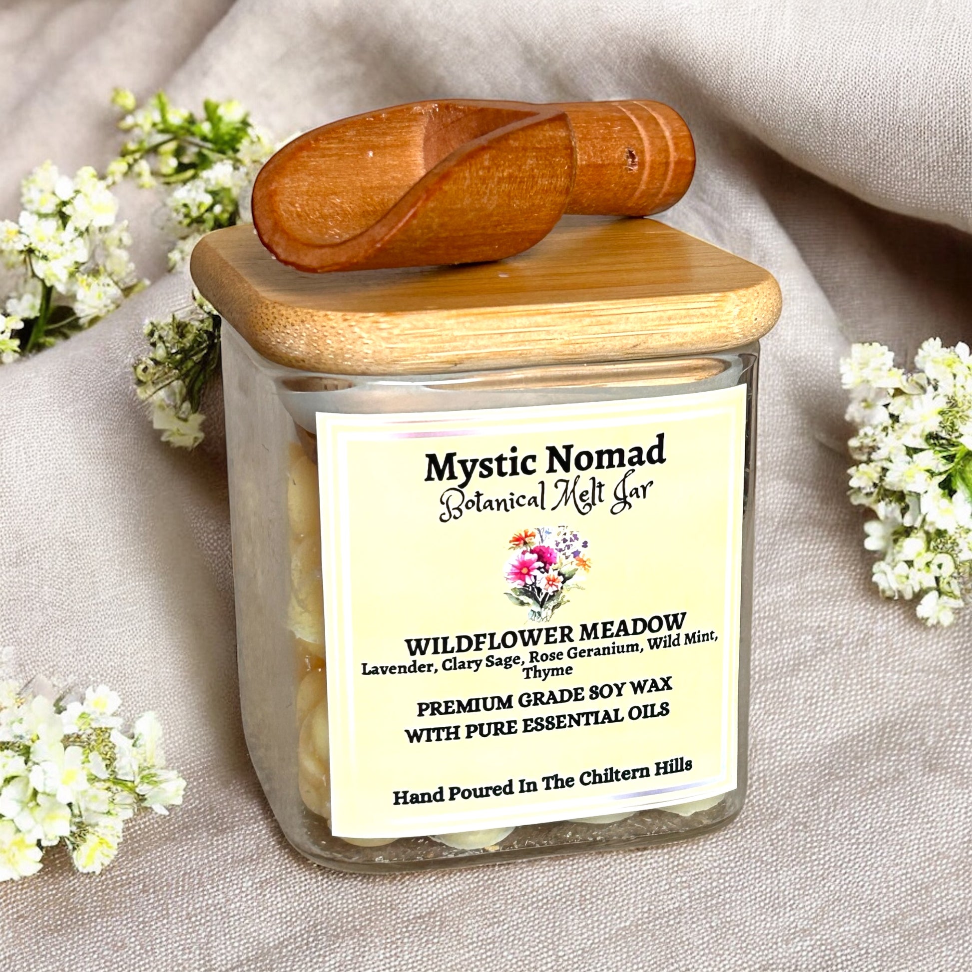 Wildflower Meadow wax melts jar, front view, bamboo lid and smooth floral-herbal wax