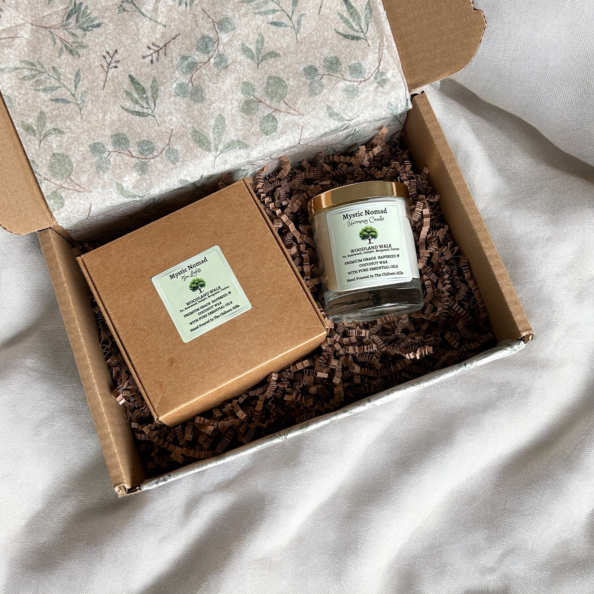 Woodland Walk essential oil aromatherapy tea lights packaged for gifting and delivery by Mystic Nomad