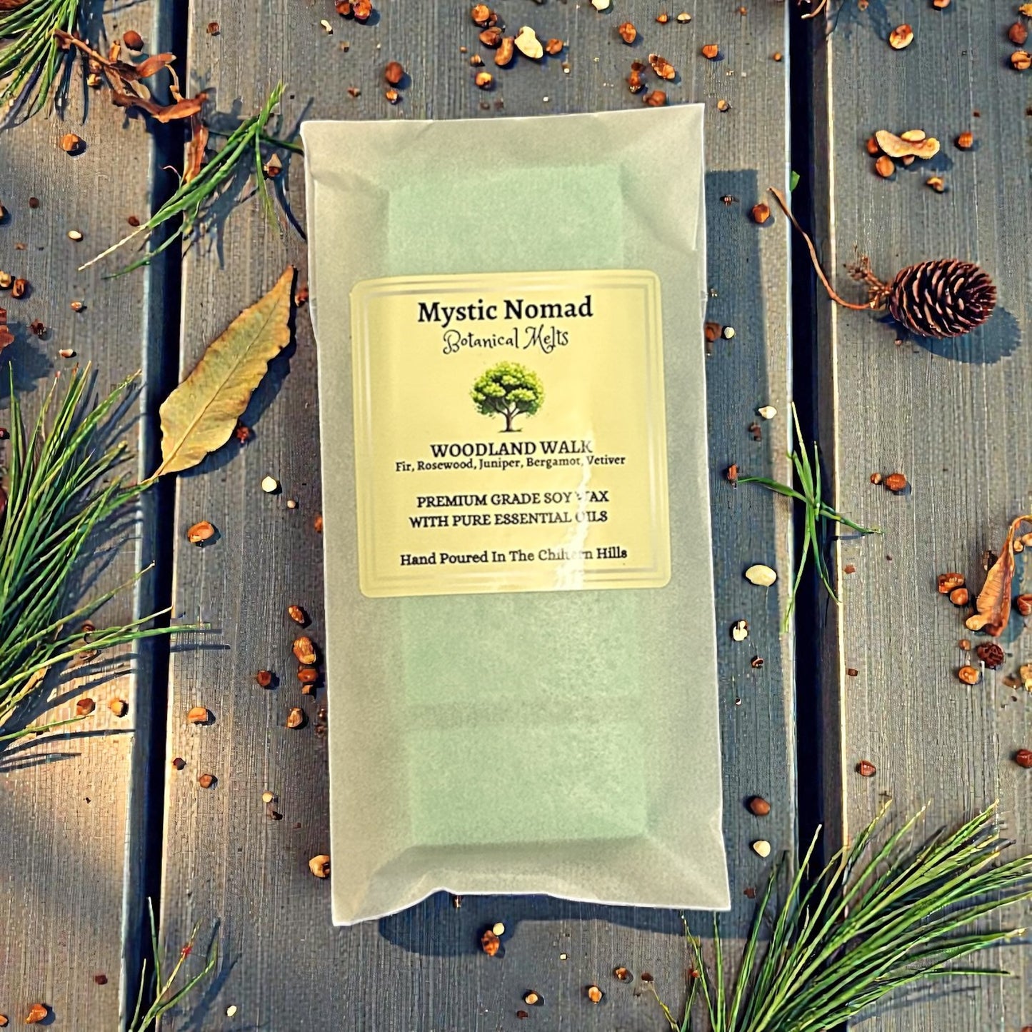 Woodland Walk aromatherapy wax melt snap bar with earthy, grounding essential oils for a calming forest-inspired home fragrance