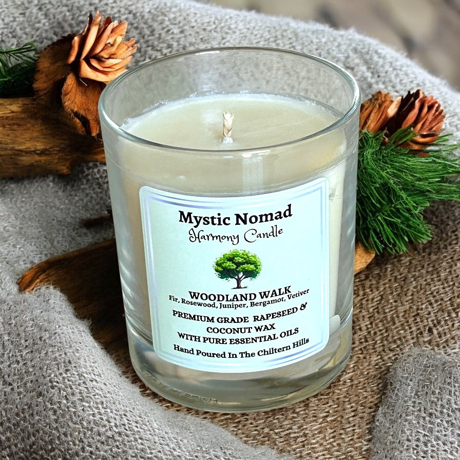 Woodland Walk candle without lid, showing natural coconut & rapeseed wax and cotton wick.