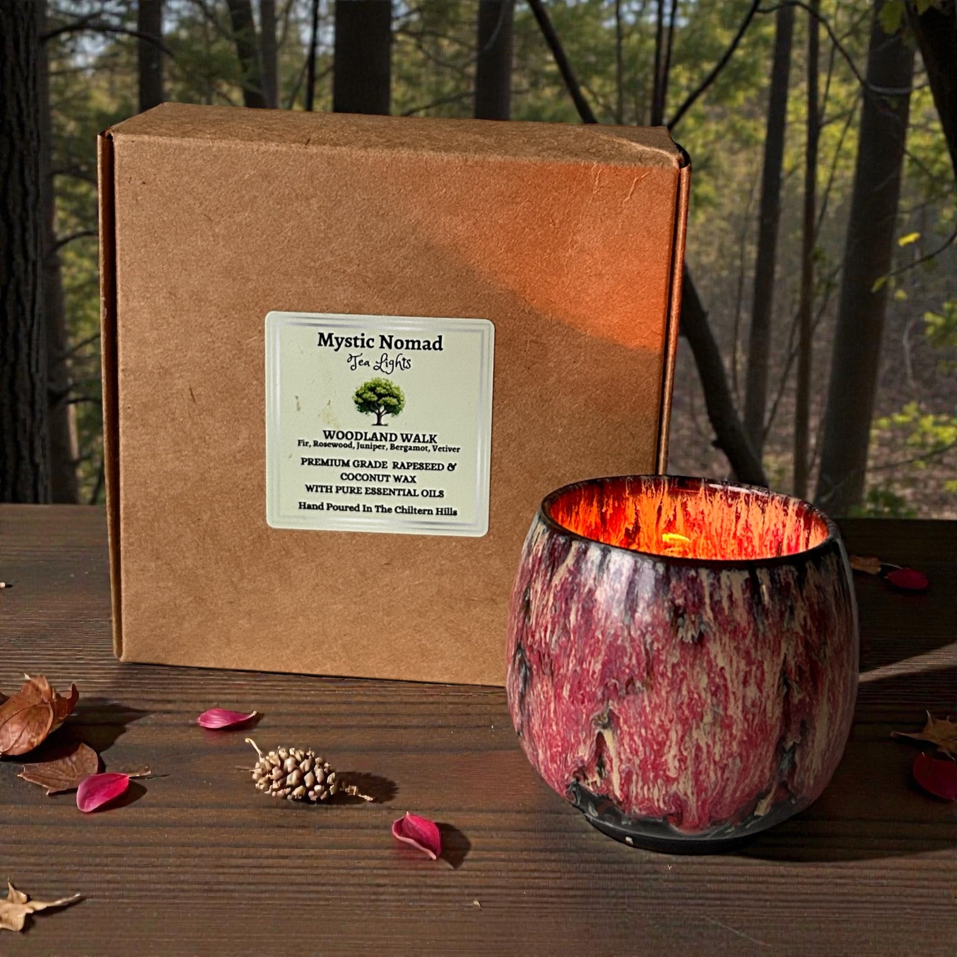 Woodland Walk essential oil aromatherapy tea lights with ceramic holder for mindful rituals and relaxation