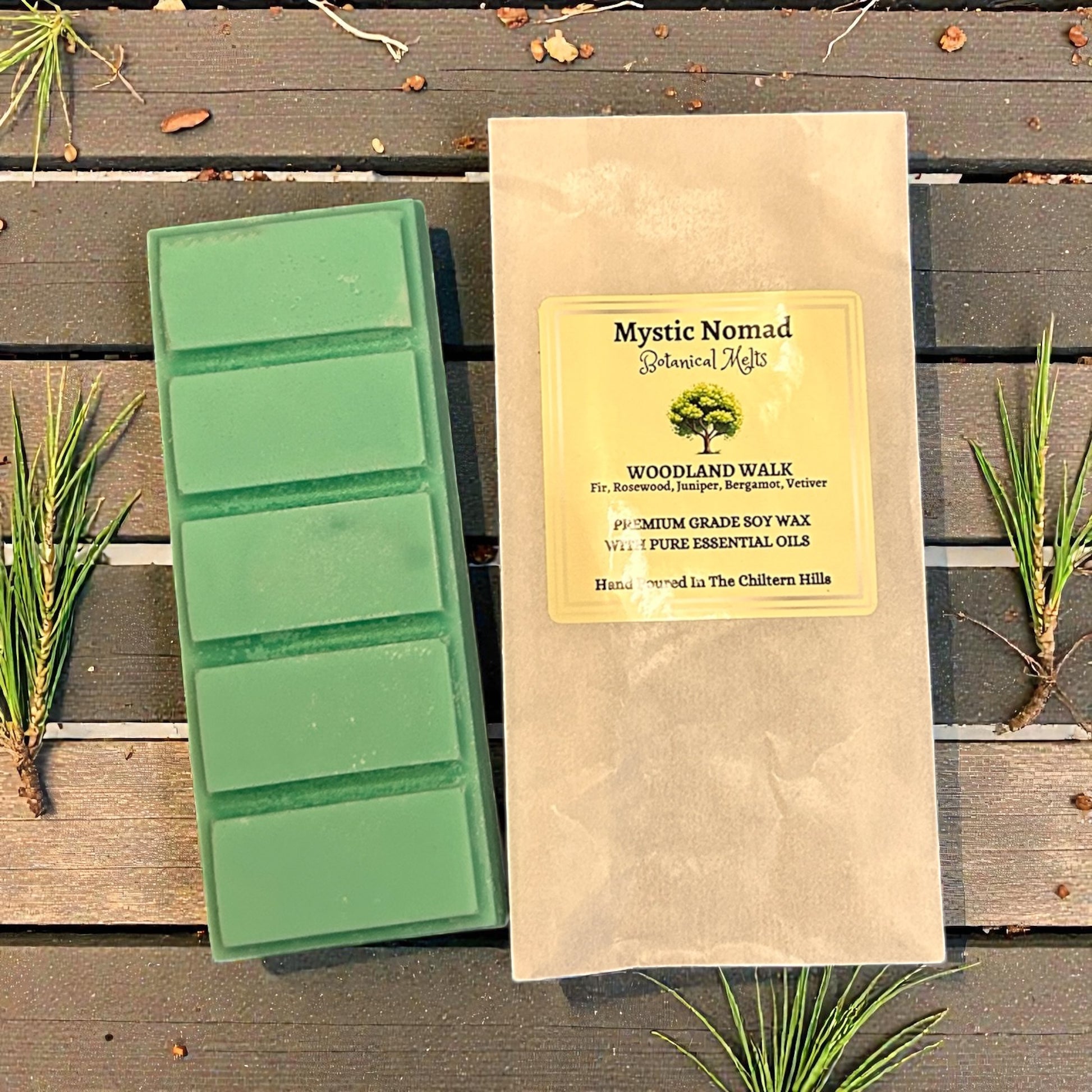Woodland Walk snap bar displayed beside eco-friendly packaging, hand-poured with grounding essential oils for relaxation